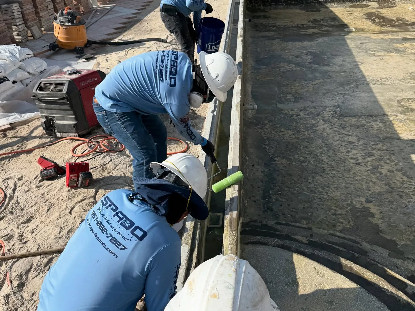 Pool deck restoration and waterproofing field work in progress