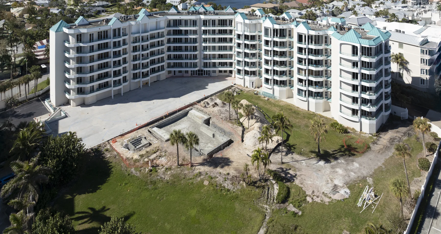 Ocean Club Jupiter condominium pool renovation aerial progress